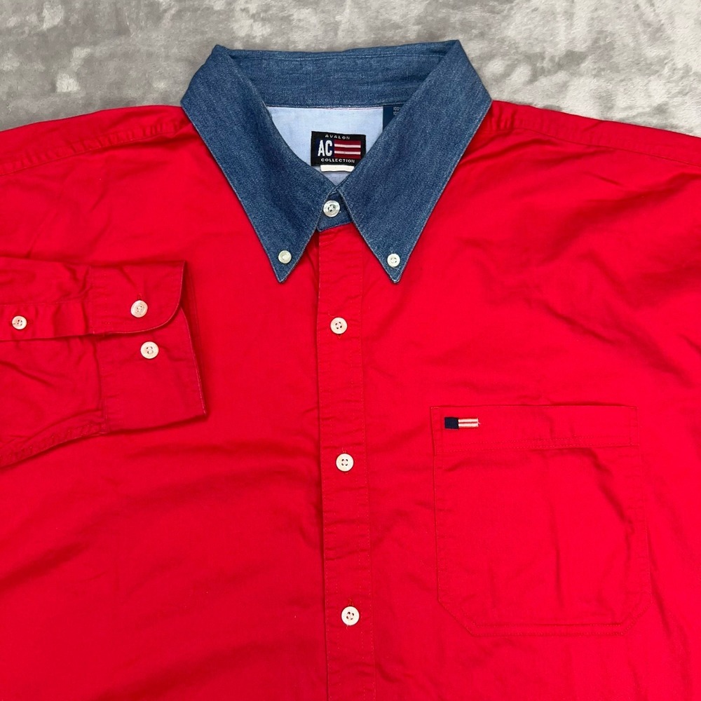 AVALON Shirt Men's XL Red Long Sleeve Button Down Denim Collar‎ 100% Cotton
